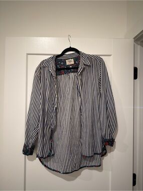 Anthropologie Striped Navy and White Women’s Button-Up Shirt with Floral Trim